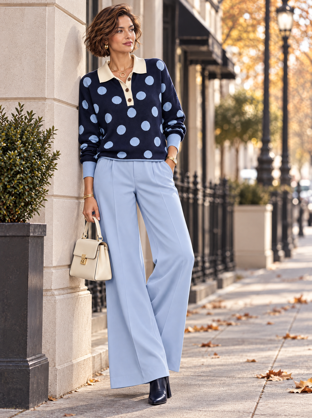 “ADA” Polka Dot Collared Button Neck Jumper