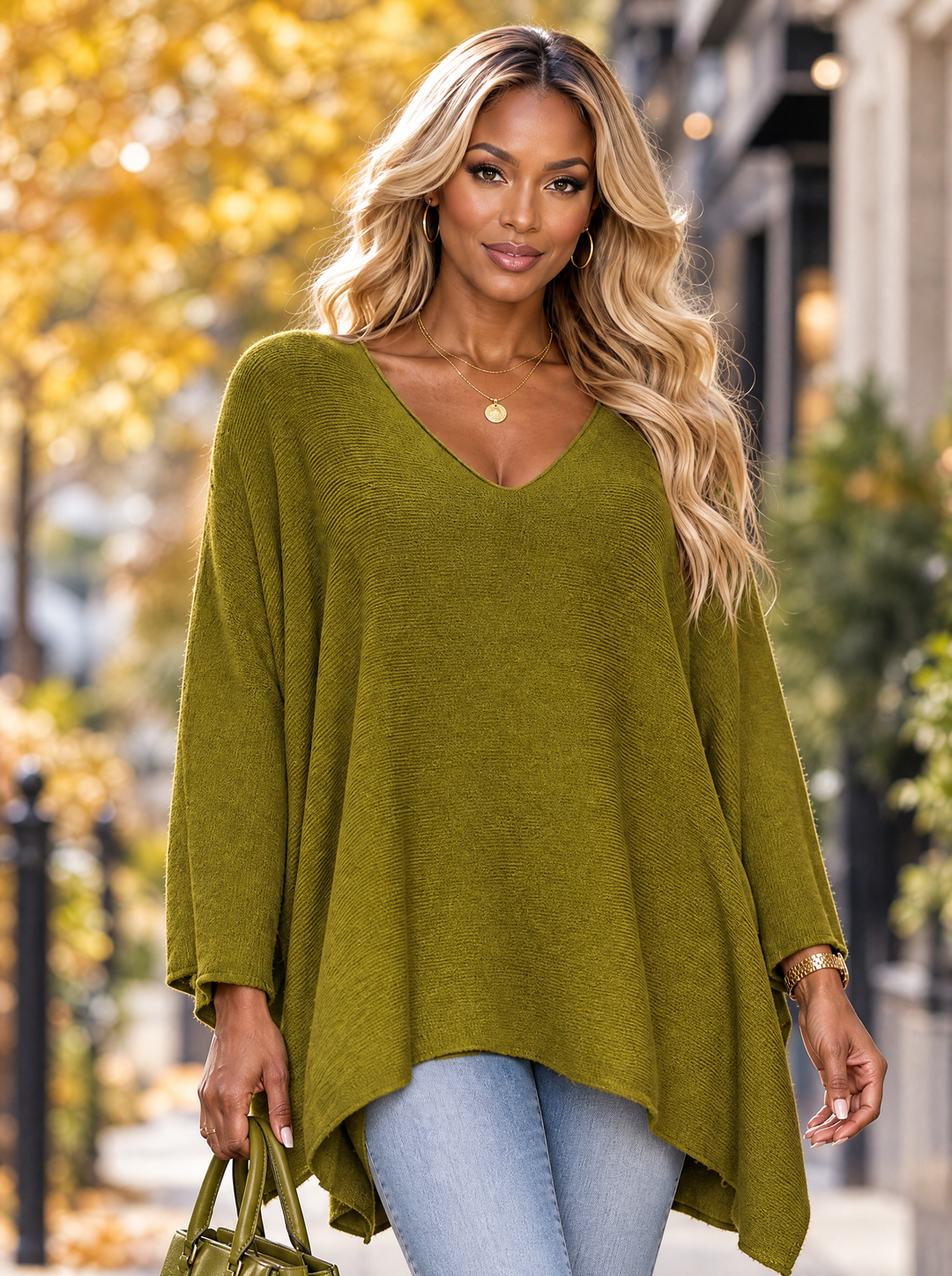 “KIA” Curve V-Neck Soft Knit Jumper lime green