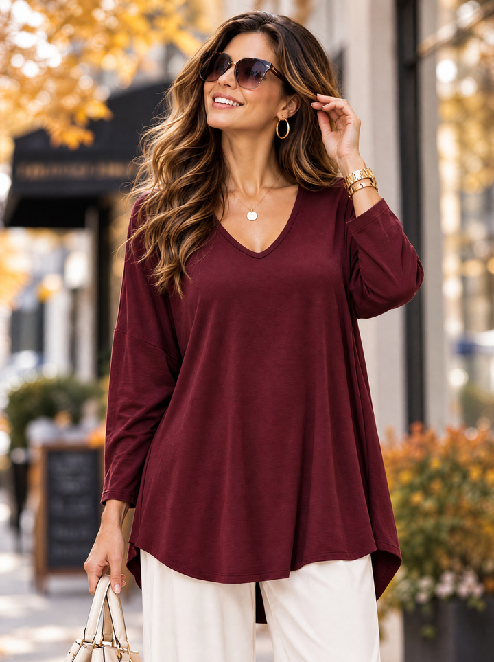 “ARABELLA” V-Neck Jersey Top Relaxed Fit burgundy