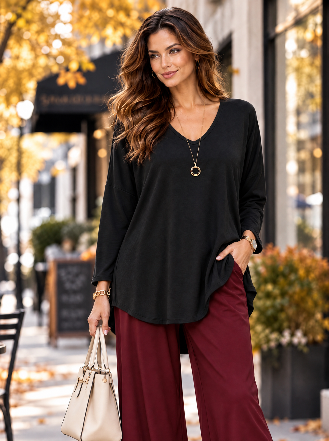 “ARABELLA” V-Neck Jersey Top Relaxed Fit black