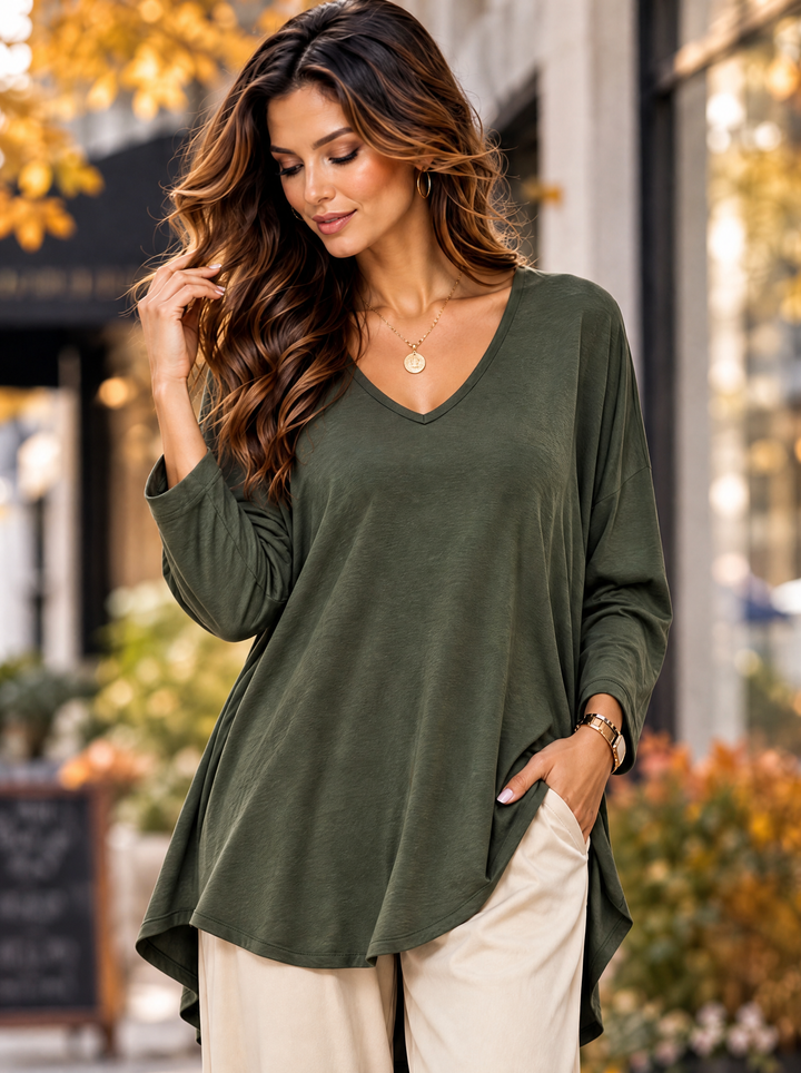 “ARABELLA” V-Neck Jersey Top Relaxed Fit khaki green