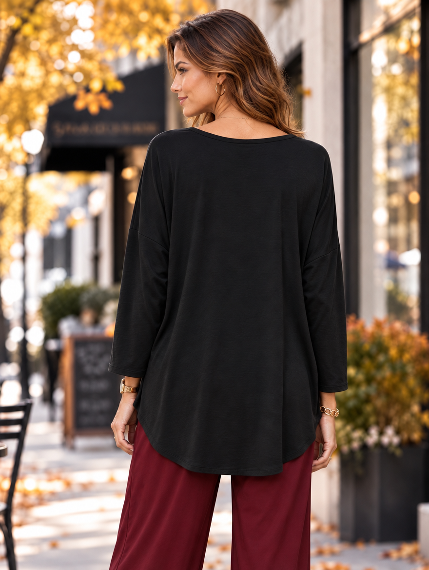 “ARABELLA” V-Neck Jersey Top Relaxed Fit black