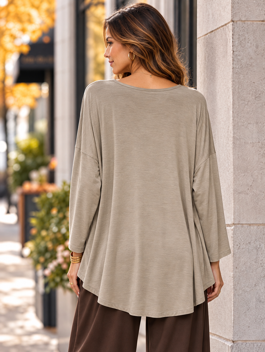 “ARABELLA” V-Neck Jersey Top Relaxed Fit mocha