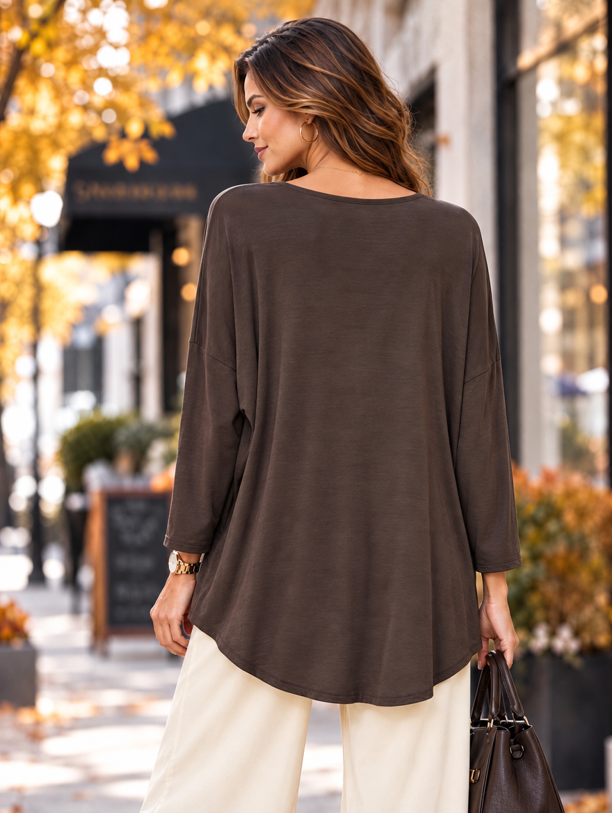 “ARABELLA” V-Neck Jersey Top Relaxed Fit chocolate