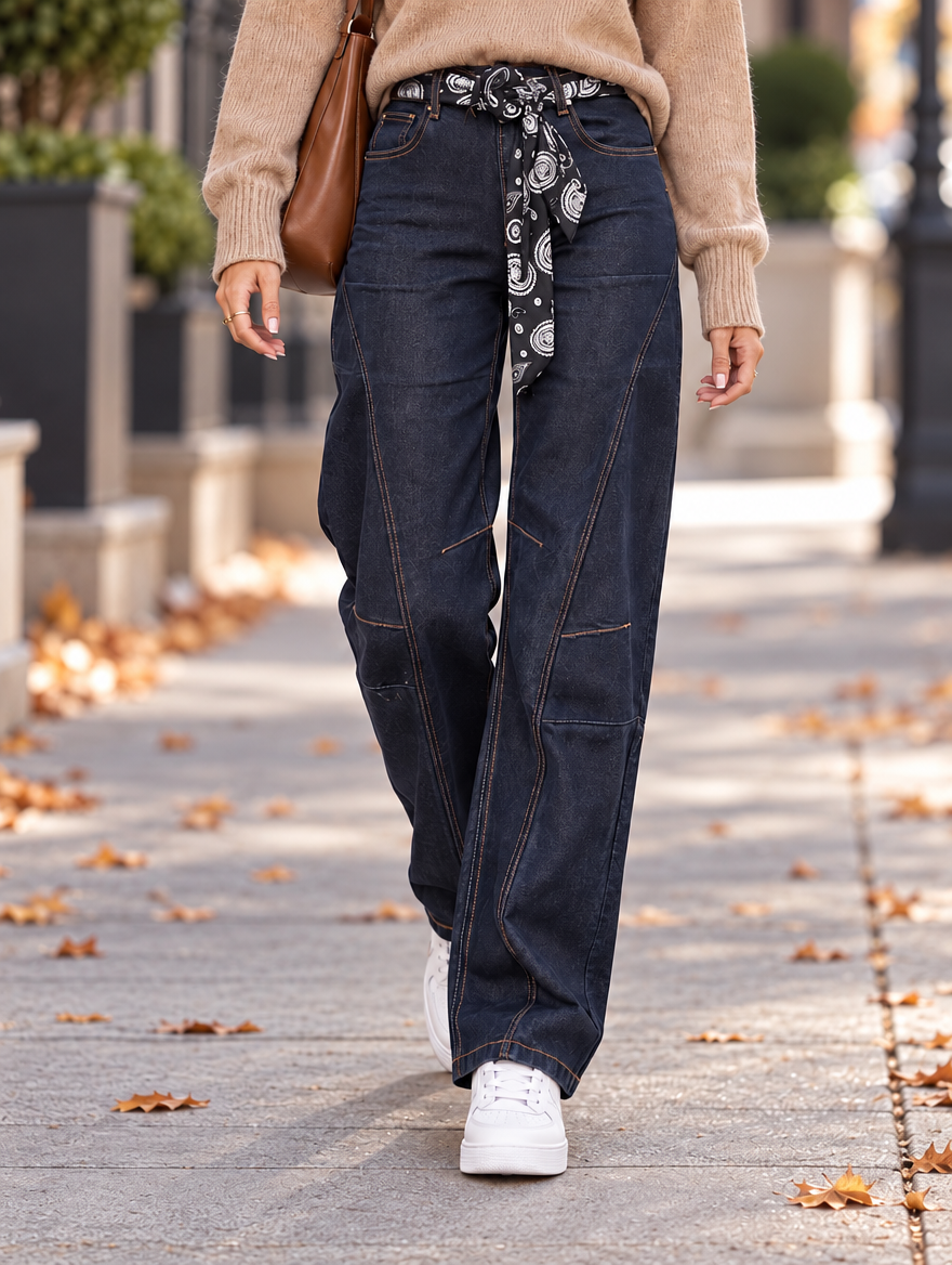 “SONIA” Premium Seam Detail Barrel Jeans dark denim