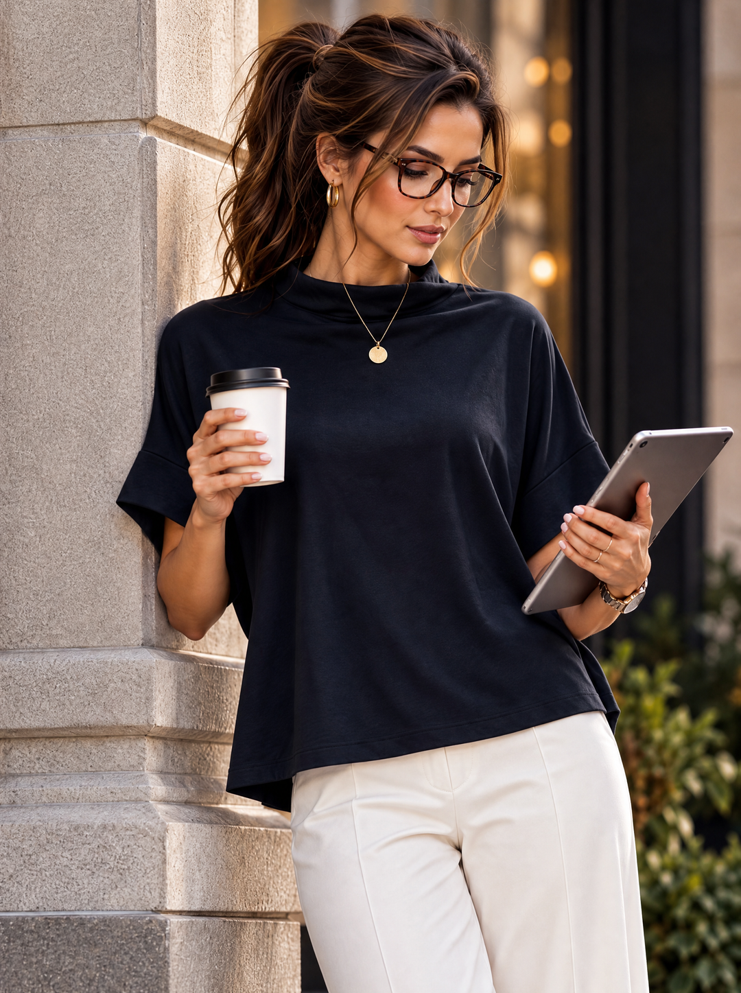 “SOPHIA” Draped Neck Sweat Top navy