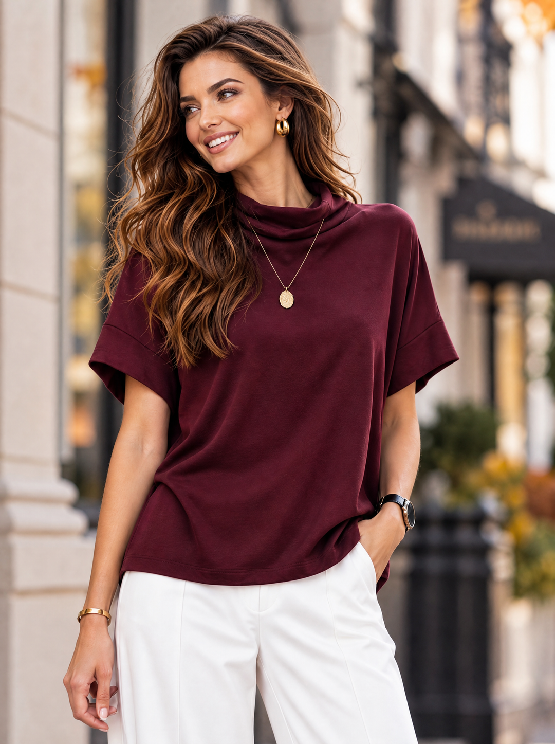 “SOPHIA” Draped Neck Sweat Top plum