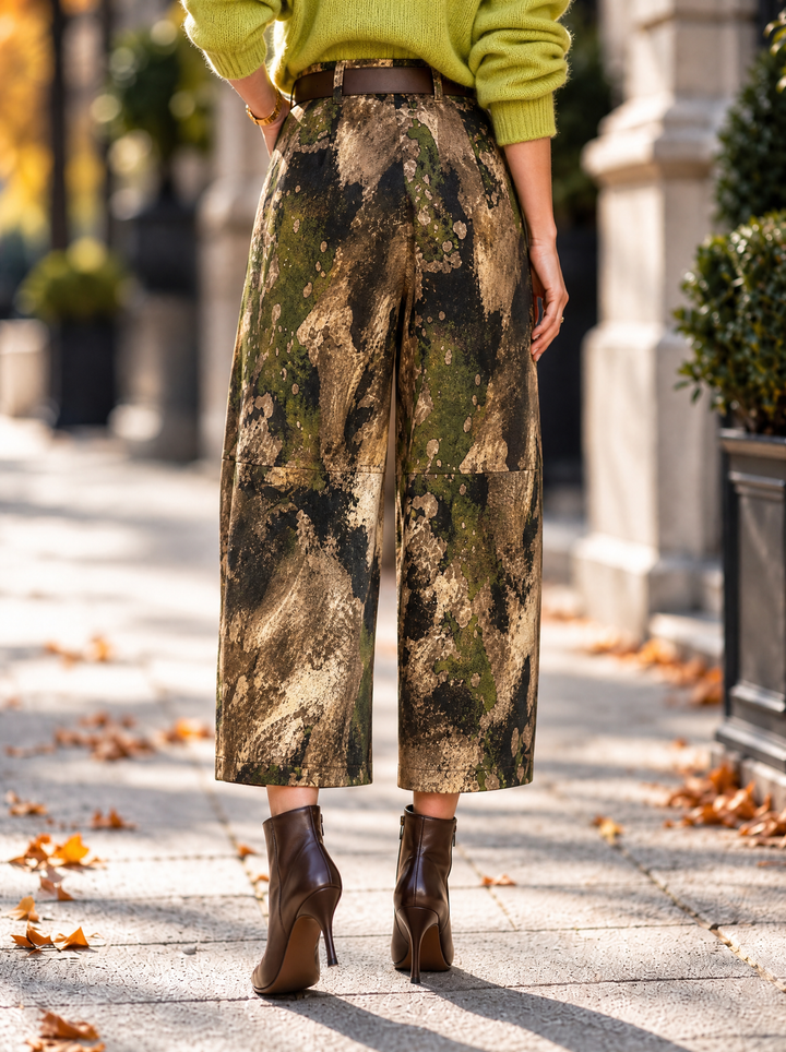 “VICTORIA” Abstract Print Barrel Trousers  green
