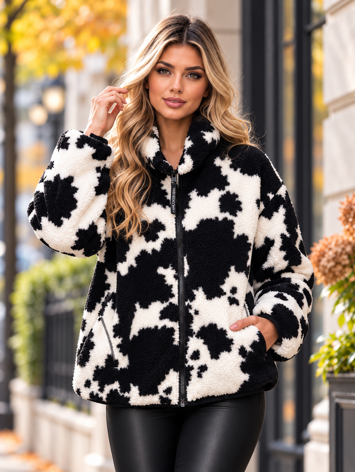“CHLOE” Cow Print Zip-Up Teddy Fleece Jacket black