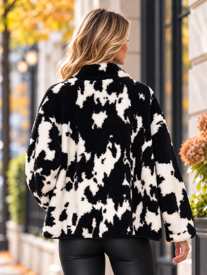 “CHLOE” Cow Print Zip-Up Teddy Fleece Jacket black
