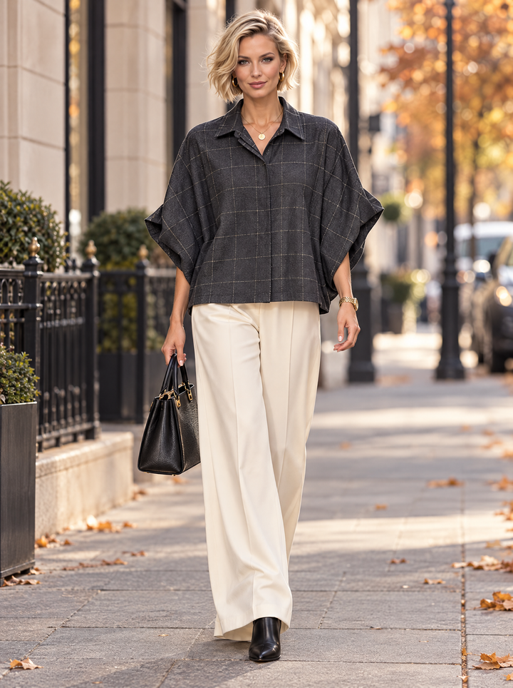 “ZOE” Checked Boxy Short-Sleeve Shirt black