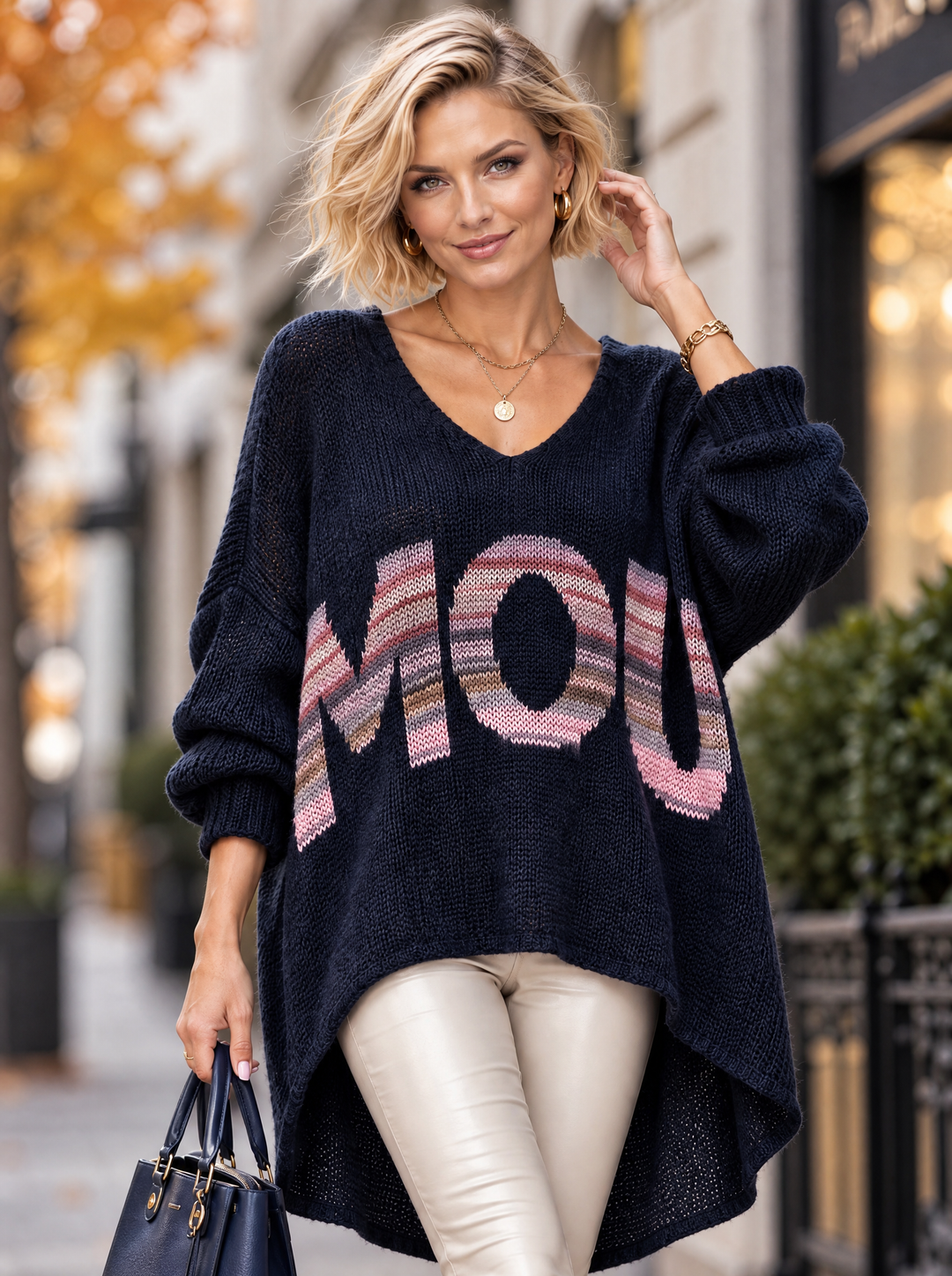 “LEANNE”Amour V-Neck Dip-Hem Jumper navy