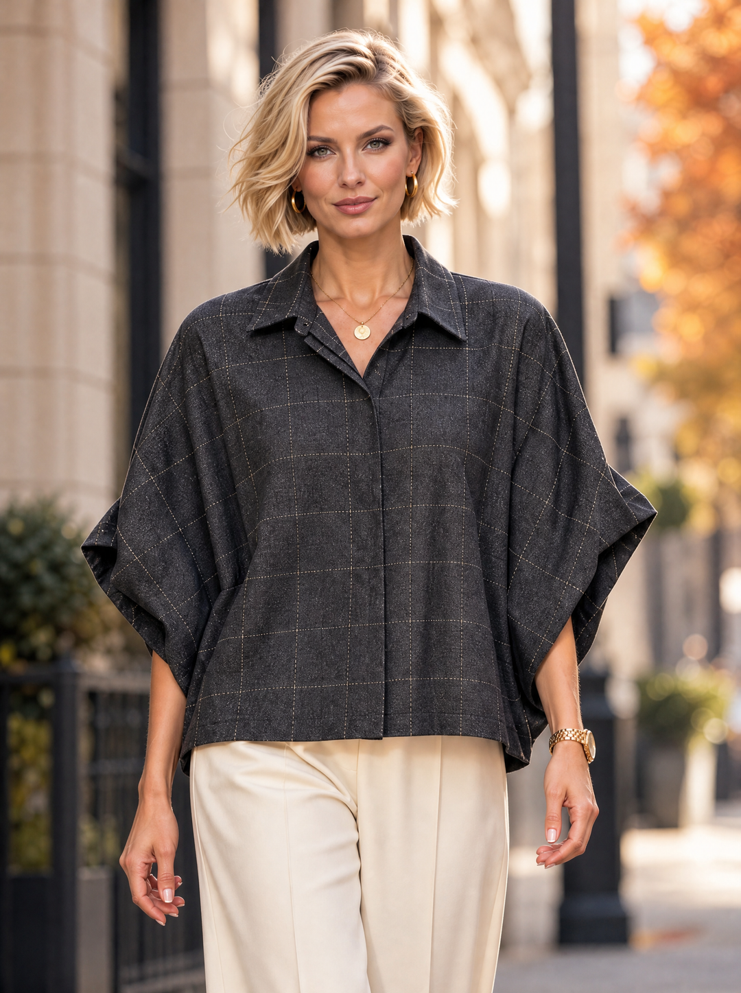 “ZOE” Checked Boxy Short-Sleeve Shirt black