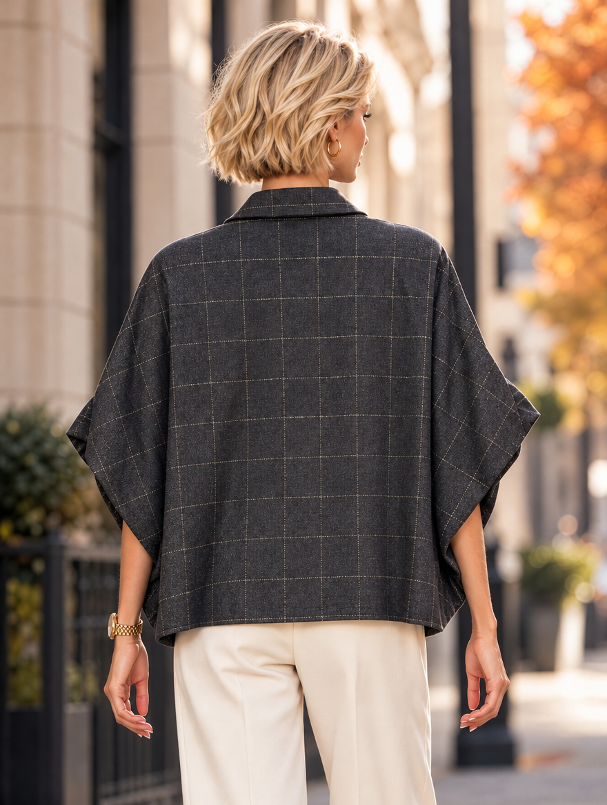 “ZOE” Checked Boxy Short-Sleeve Shirt black