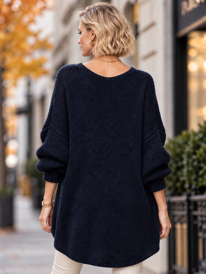 “LEANNE”Amour V-Neck Dip-Hem Jumper navy