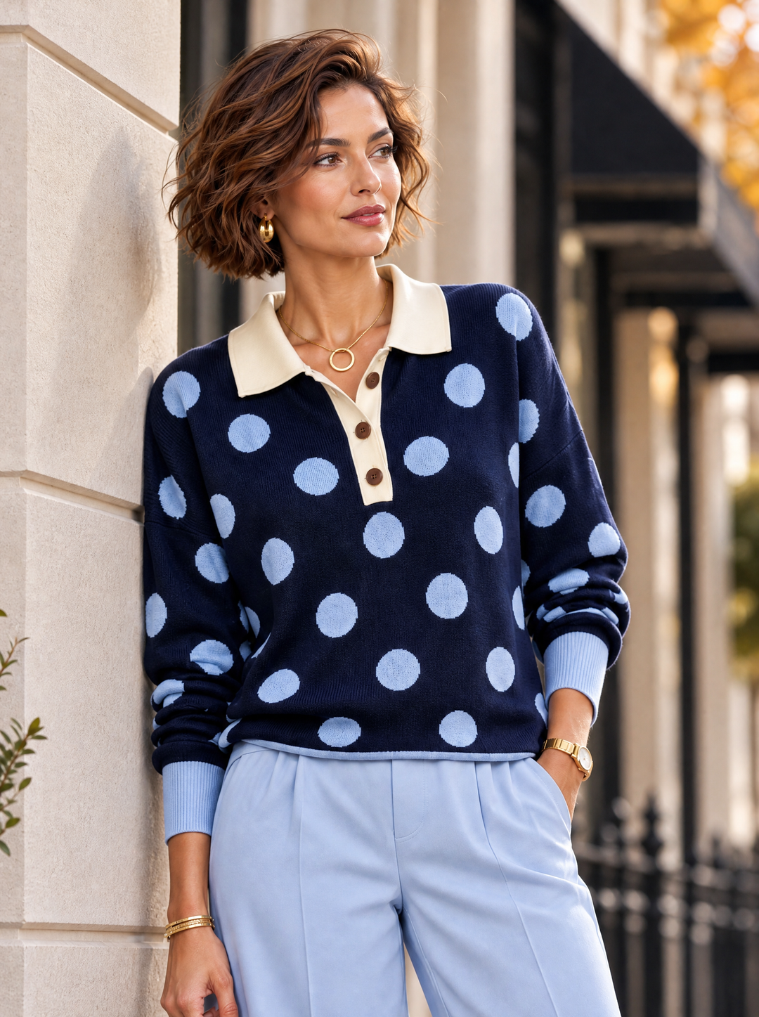 “ADA” Polka Dot Collared Button Neck Jumper