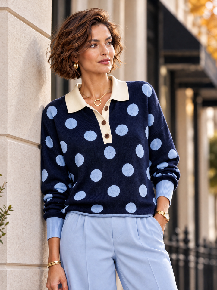 “ADA” Polka Dot Collared Button Neck Jumper