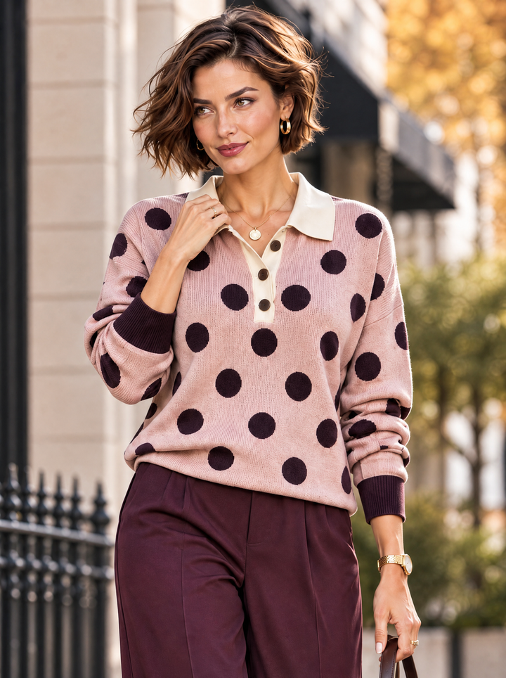 “ADA” Polka Dot Collared Button Neck Jumper
