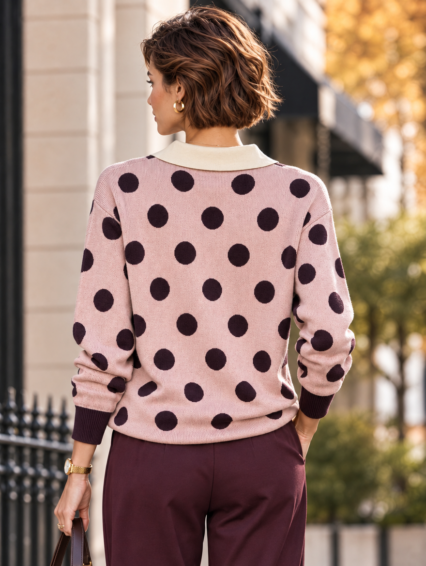 “ADA” Polka Dot Collared Button Neck Jumper