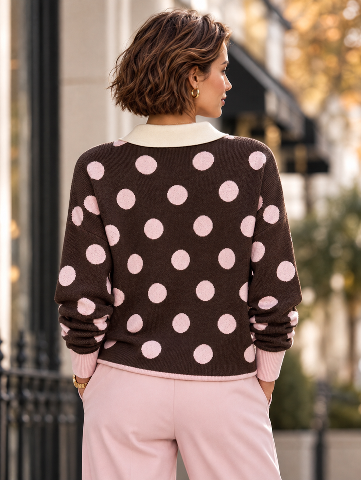 “ADA” Polka Dot Collared Button Neck Jumper