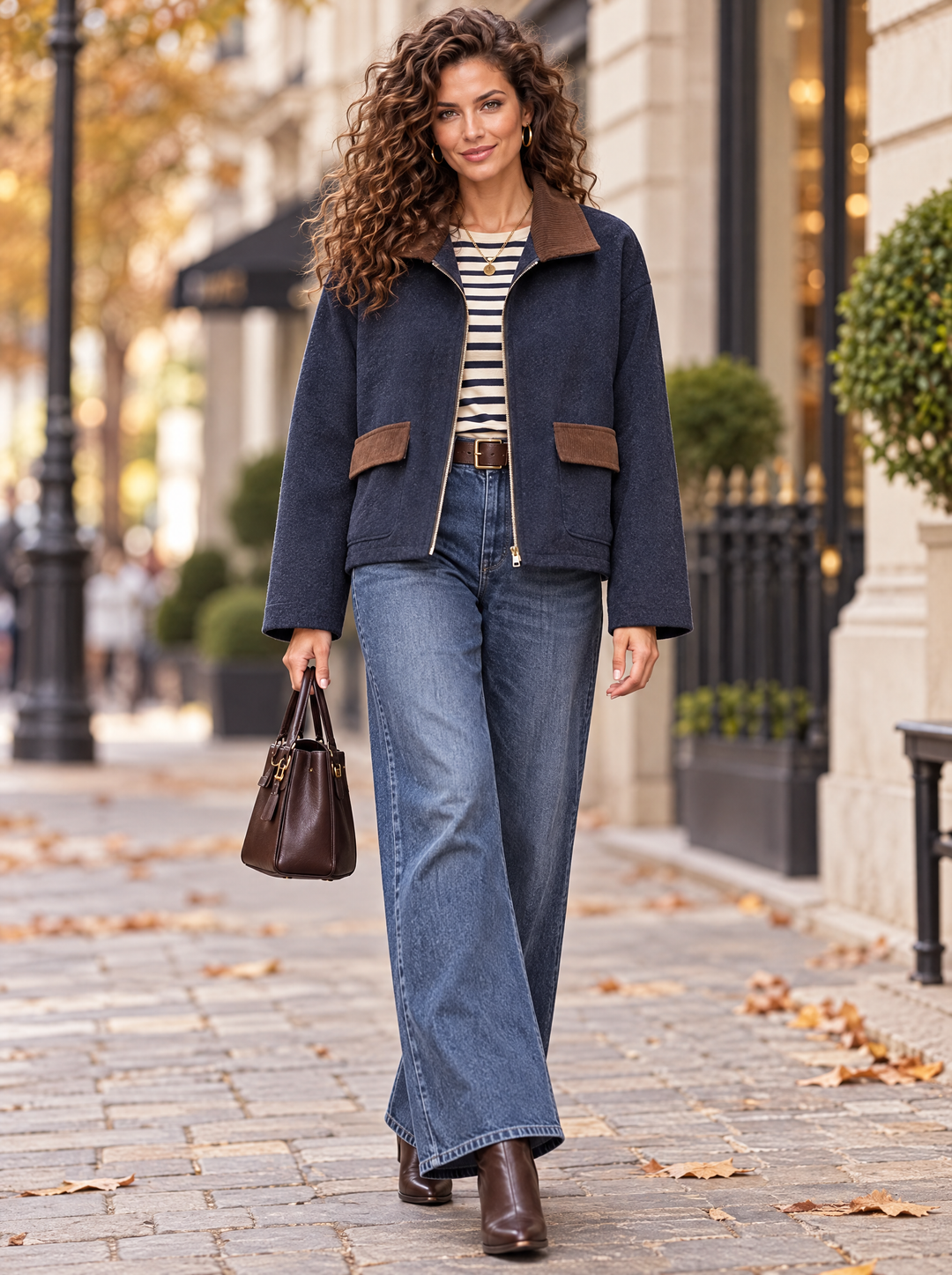 “JOANNA” Contrast Collar Zip Jacket navy