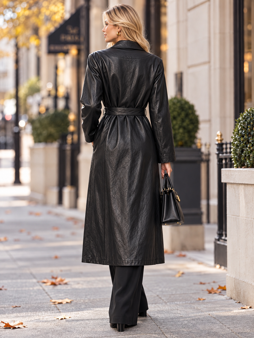 “IMOGEN” Faux Leather Belted Coat black