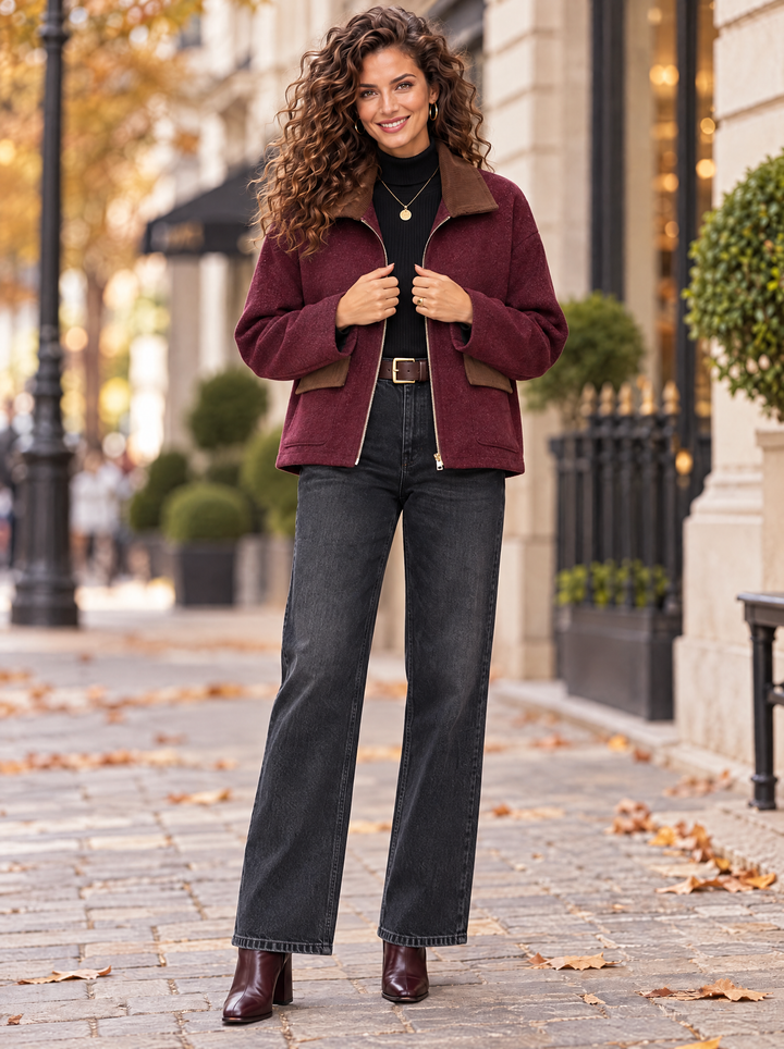 “JOANNA” Contrast Collar Zip Jacket burgundy
