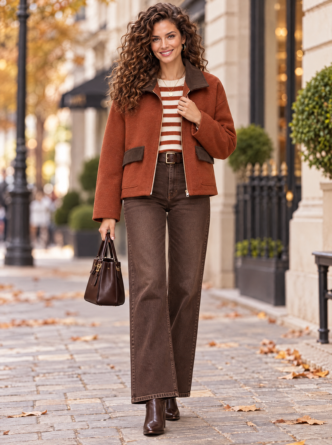 “JOANNA” Contrast Collar Zip Jacket rust orange