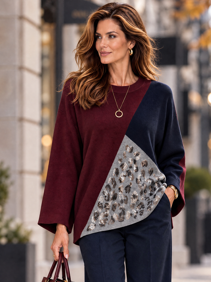 “KYLIE” Leopard Print Colour Block Jumper burgundy