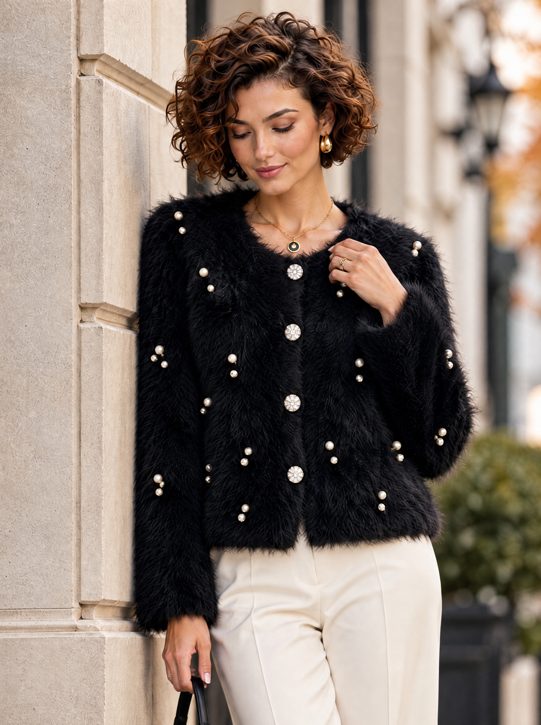 “DORI” Pearl Embellished Cropped Cardigan