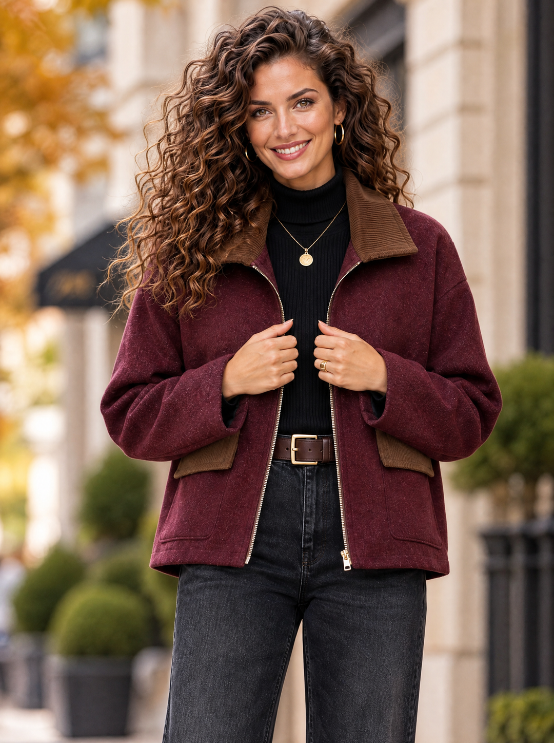 “JOANNA” Contrast Collar Zip Jacket burgundy