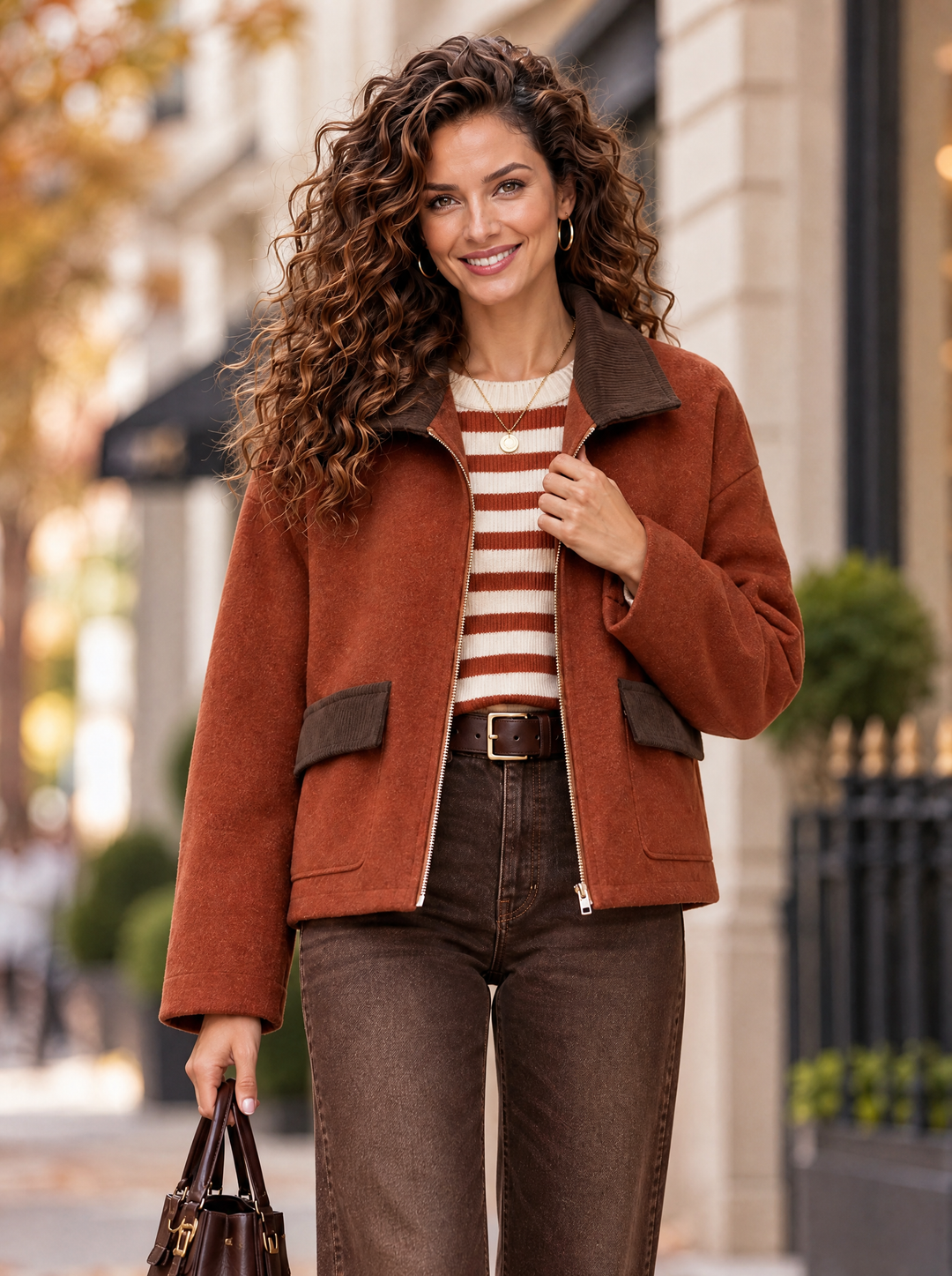 “JOANNA” Contrast Collar Zip Jacket rust orange