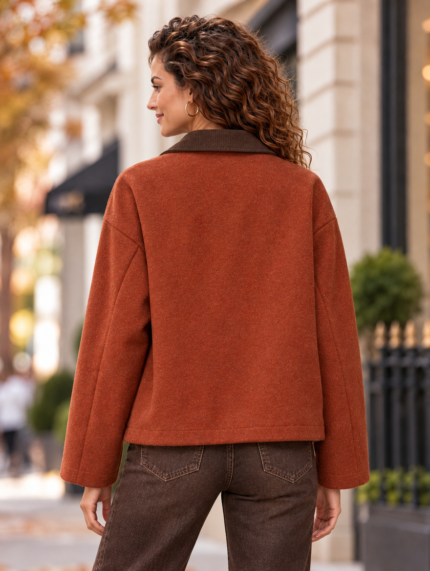“JOANNA” Contrast Collar Zip Jacket rust orange