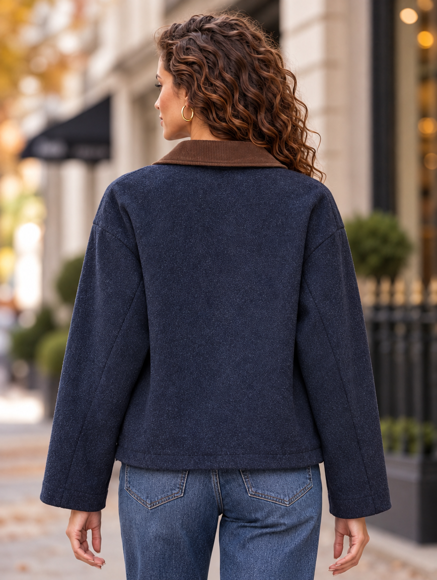 “JOANNA” Contrast Collar Zip Jacket navy