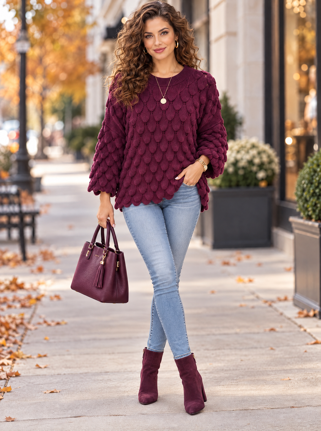 “ELLIE” Scallop Textured Jumper burgundy