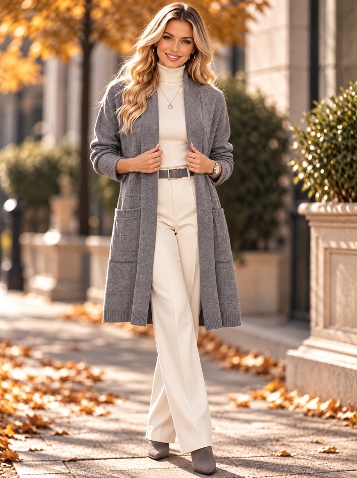“HAZEL” Check Longline Cardigan grey