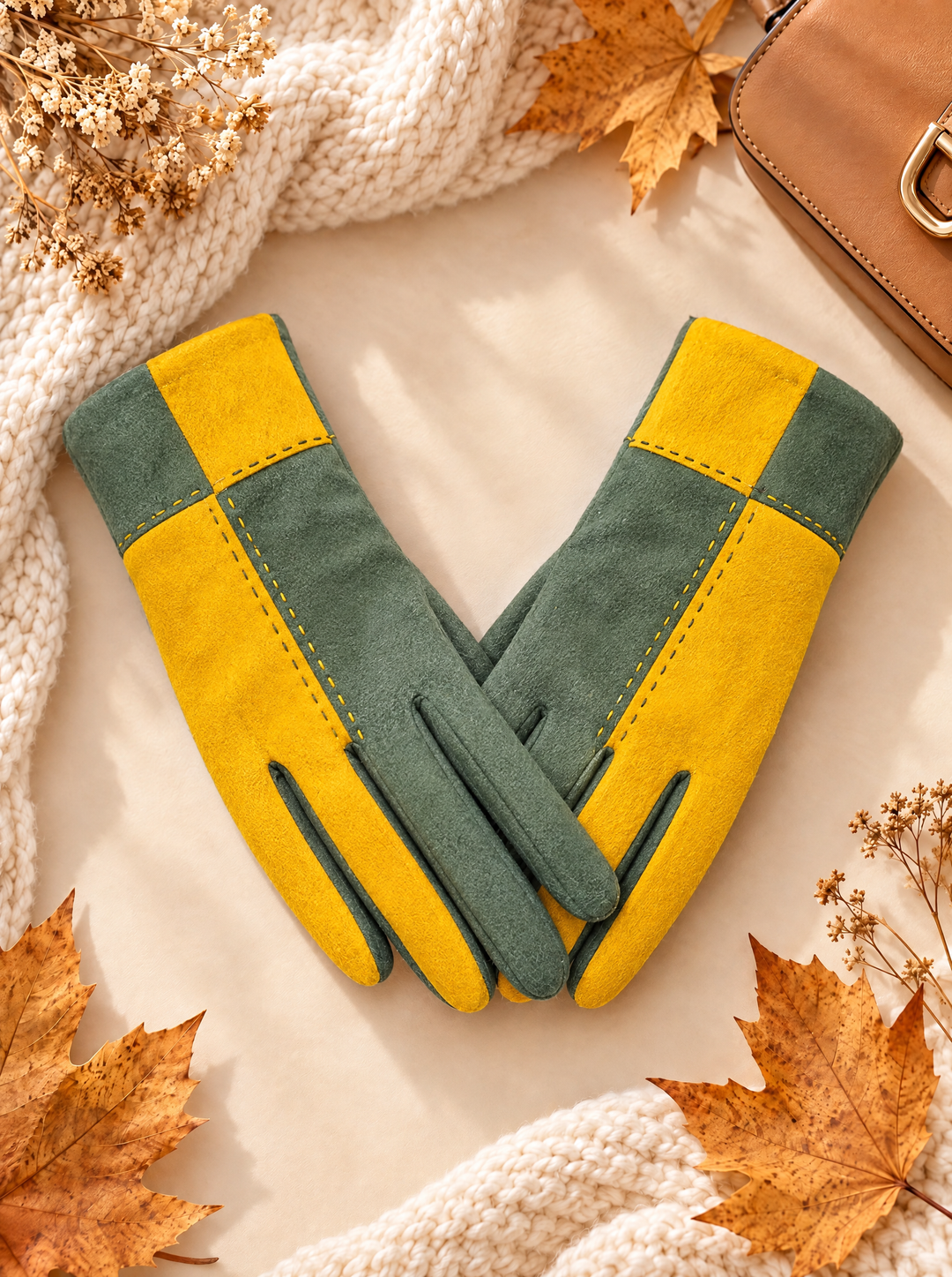 “BIANCA” Colour-Block Stitch Detail Gloves green mustard