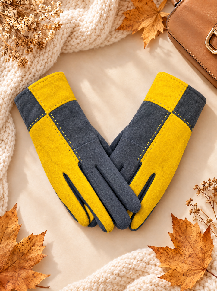 “BIANCA” Colour-Block Stitch Detail Gloves grey mustard