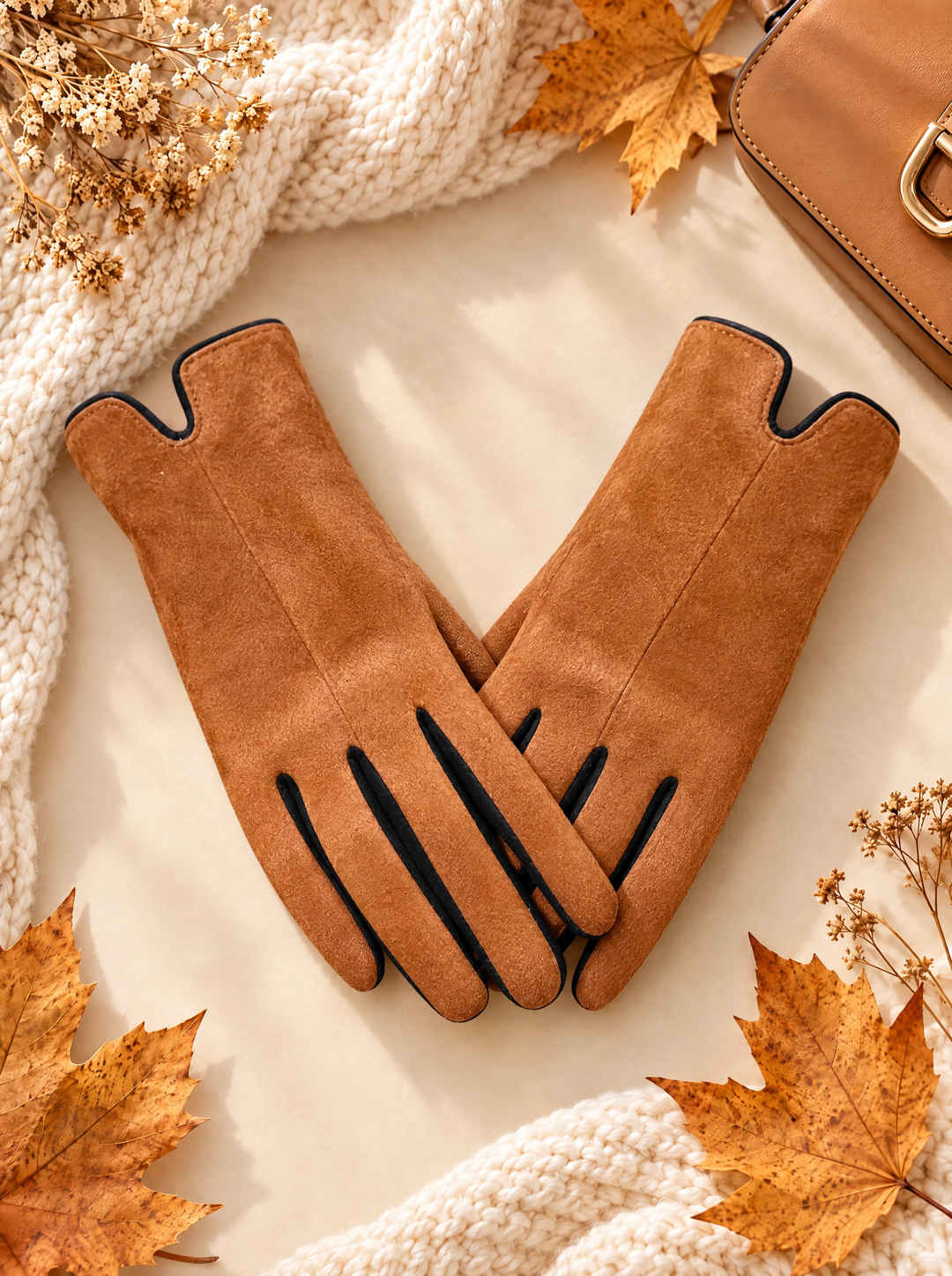 “GEORGIA” Contrast Trim Touchscreen Gloves tan