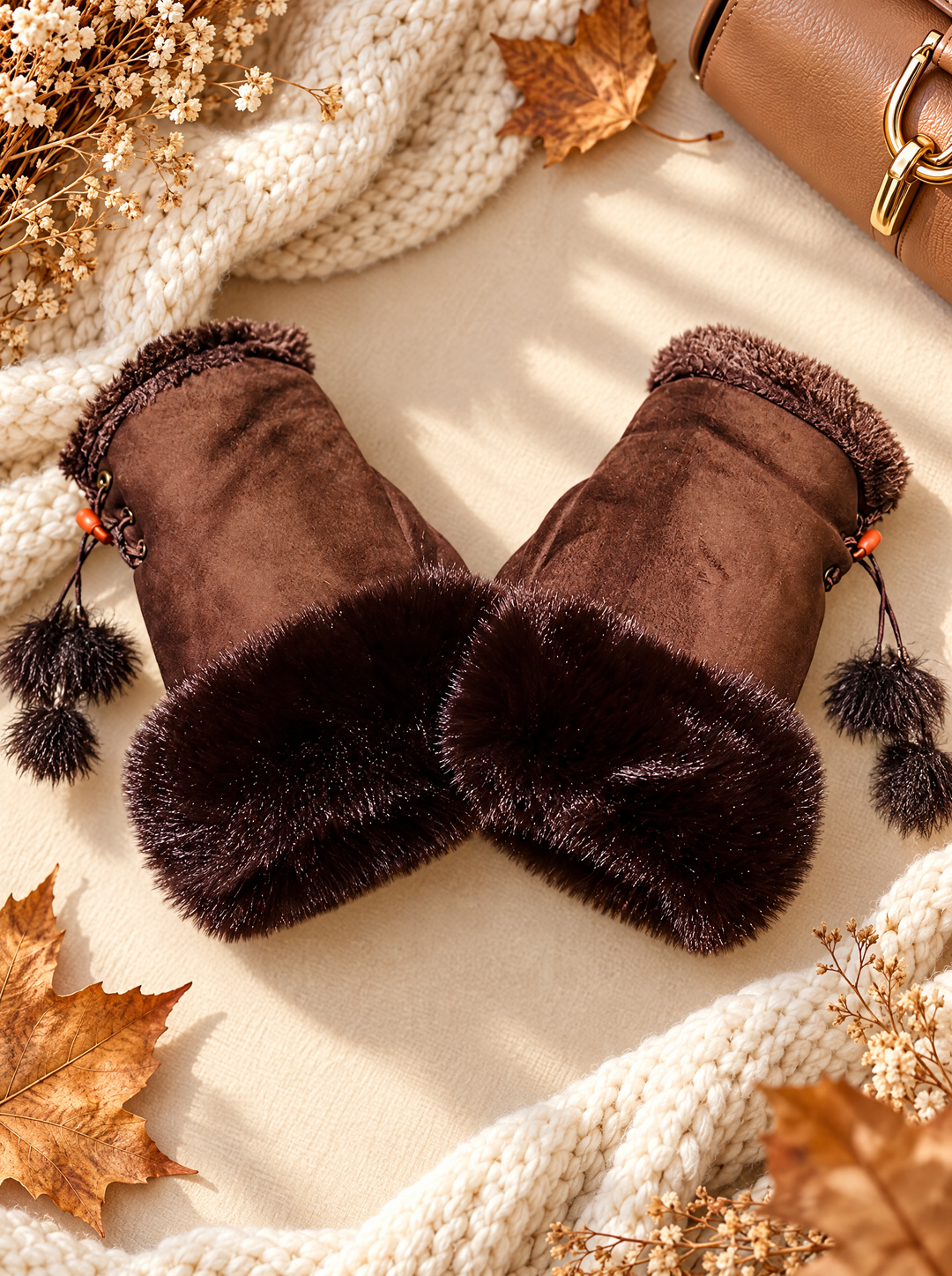 “CASEY” Faux Fur Trim Fingerless Gloves chocolate