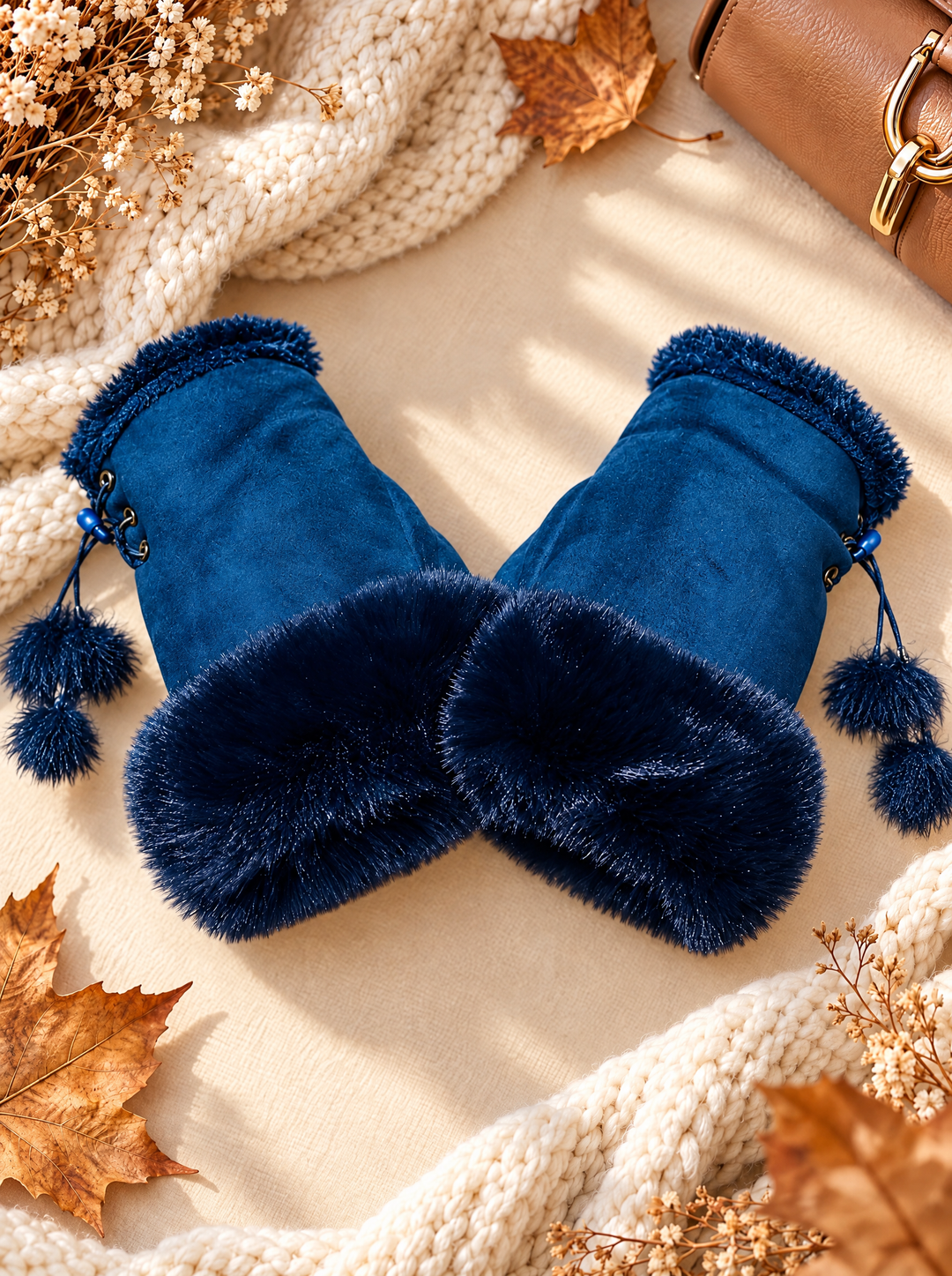 “CASEY” Faux Fur Trim Fingerless Gloves navy