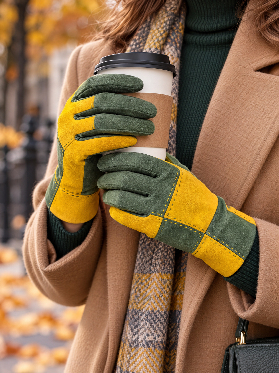 “BIANCA” Colour-Block Stitch Detail Gloves green mustard