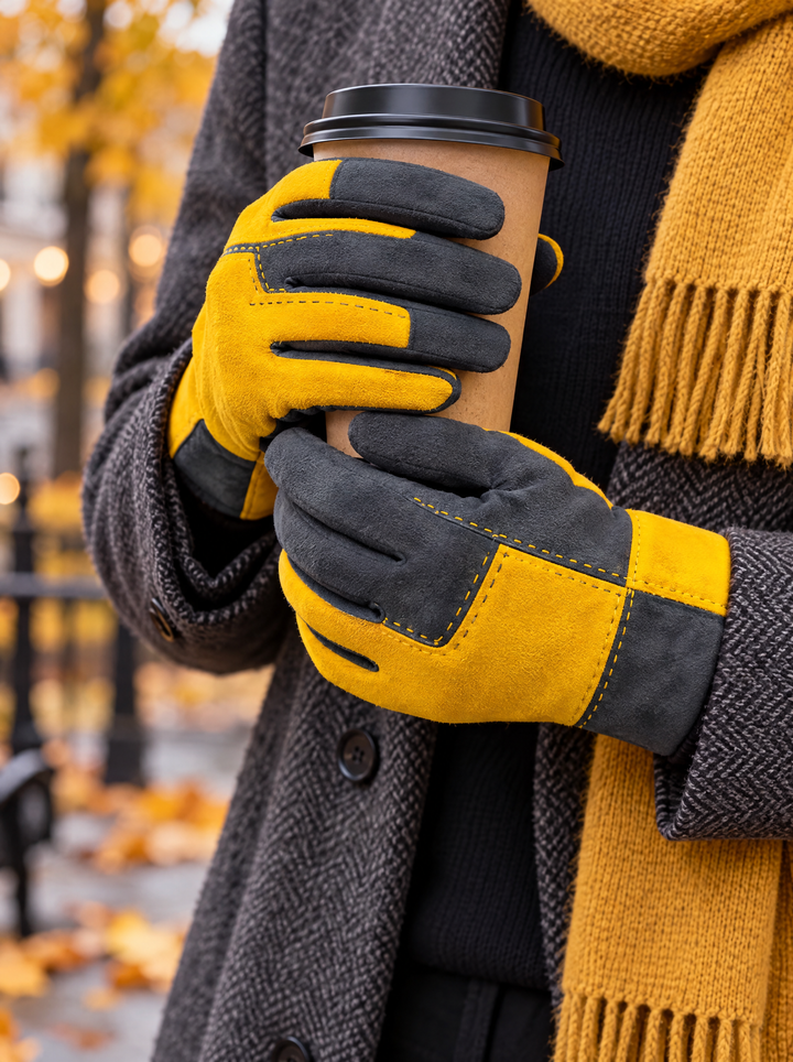 “BIANCA” Colour-Block Stitch Detail Gloves grey mustard
