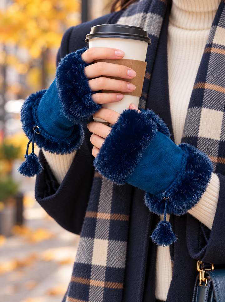 “CASEY” Faux Fur Trim Fingerless Gloves navy