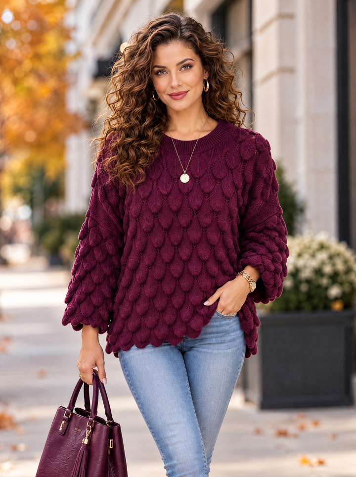 “ELLIE” Scallop Textured Jumper burgundy