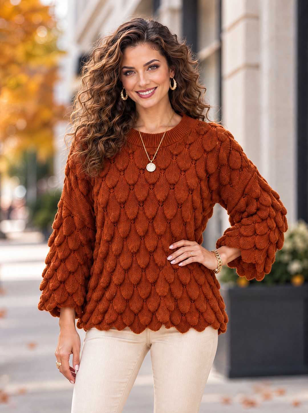 “ELLIE” Scallop Textured Jumper rust orange
