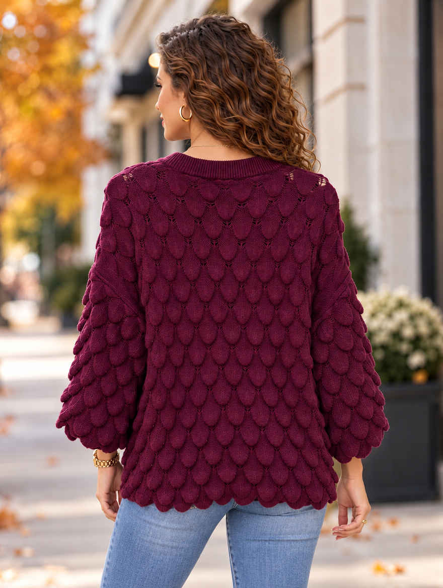 “ELLIE” Scallop Textured Jumper burgundy