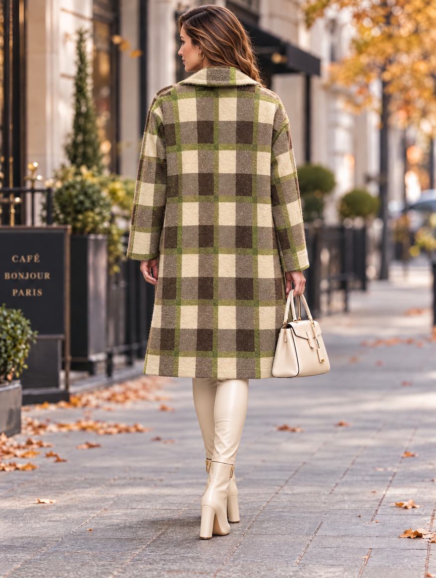 “CAMILLE” Relaxed Fit Check Coat green