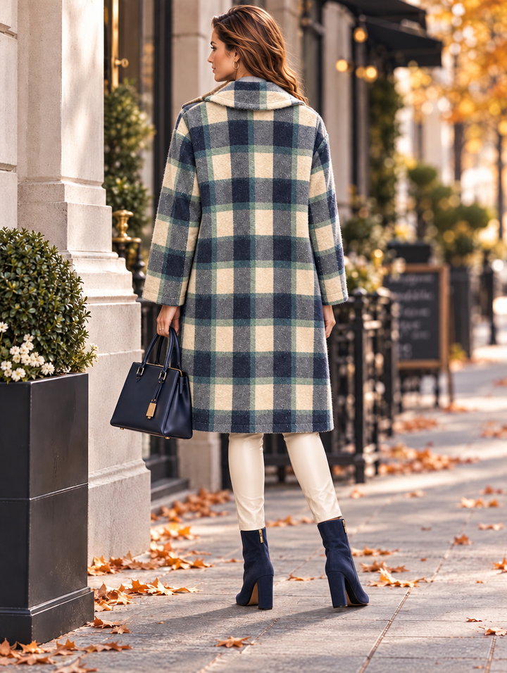 “CAMILLE” Relaxed Fit Check Coat navy