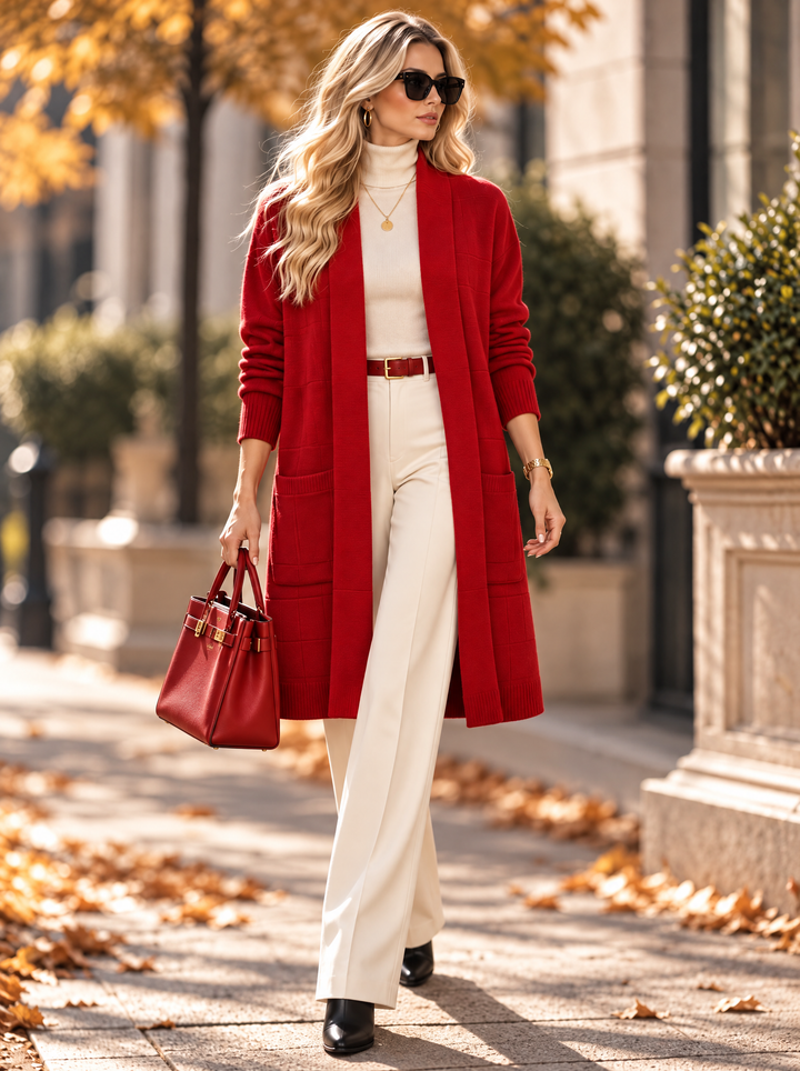 “HAZEL” Check Longline Cardigan red